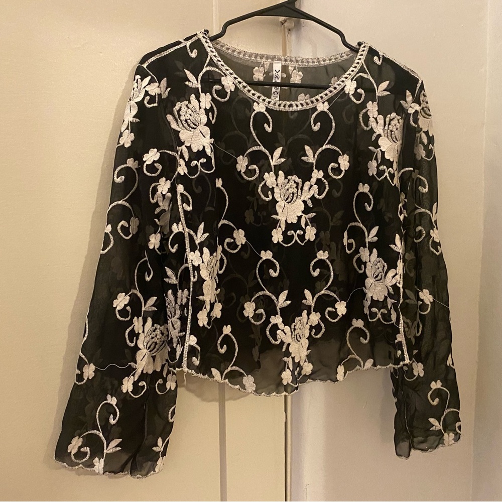 Black and White Embellished Sheer Blouse with Bell Sleeves
